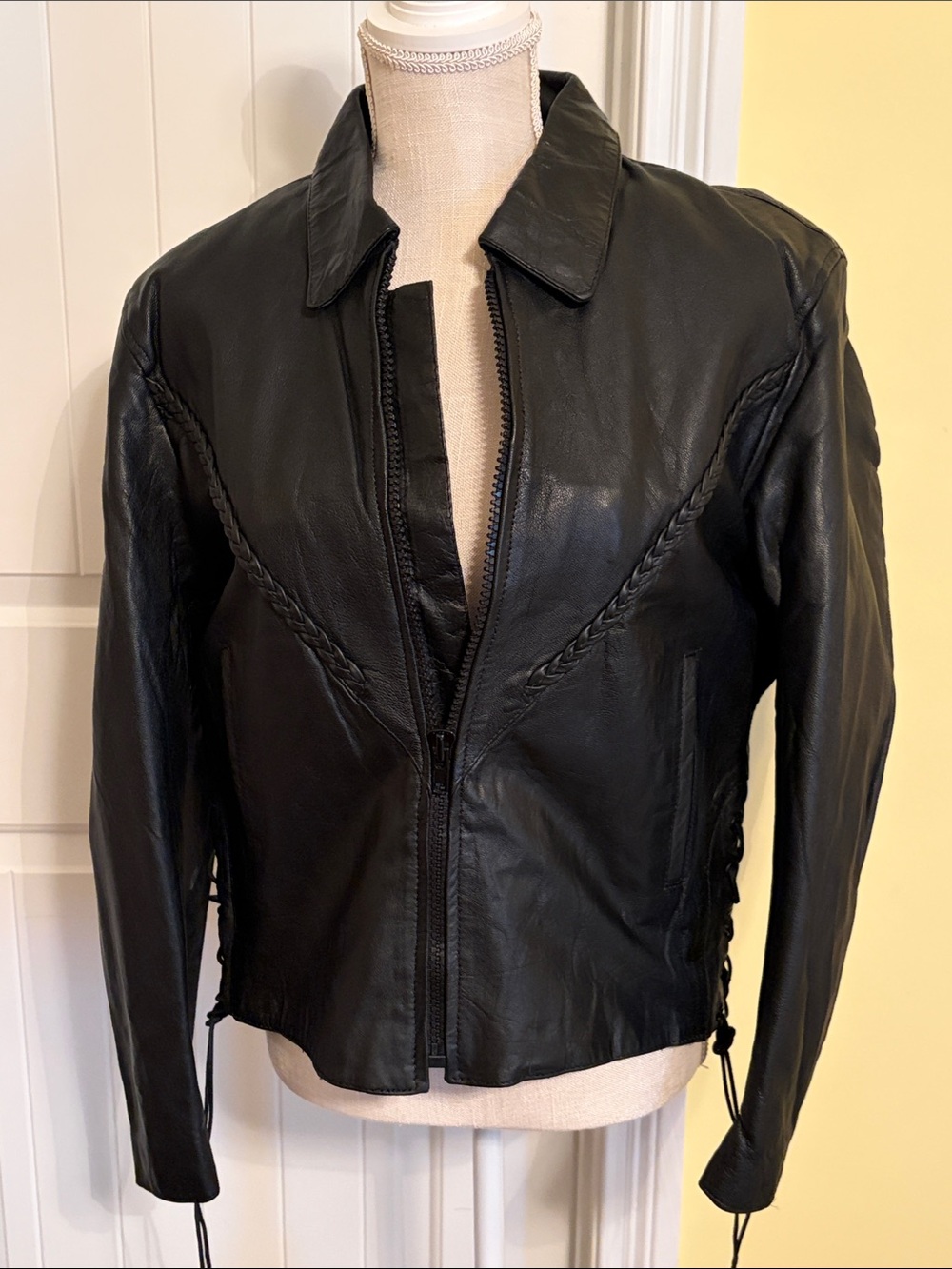 Unik Black Leather Jacket with Braided Accents